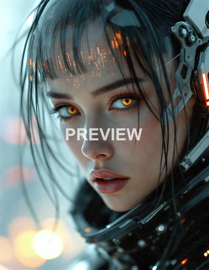 A close-up of a woman with glowing orange eyes wearing a futuristic helmet with digital displays and city lights reflected on her face.